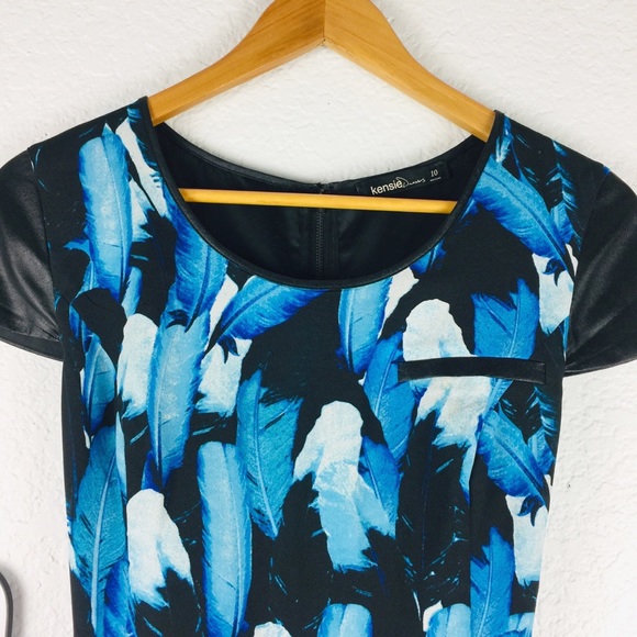 KENSIE Falling Leaves Dress Fall Blue Black Multi Feather Print Cap Sleeve 10 - Picture 6 of 12